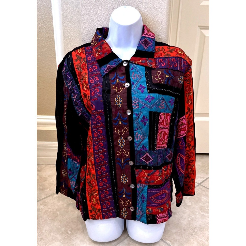 Chicos Patchwork Embroidered Button Front Jacket Multi Color Boho Size 2